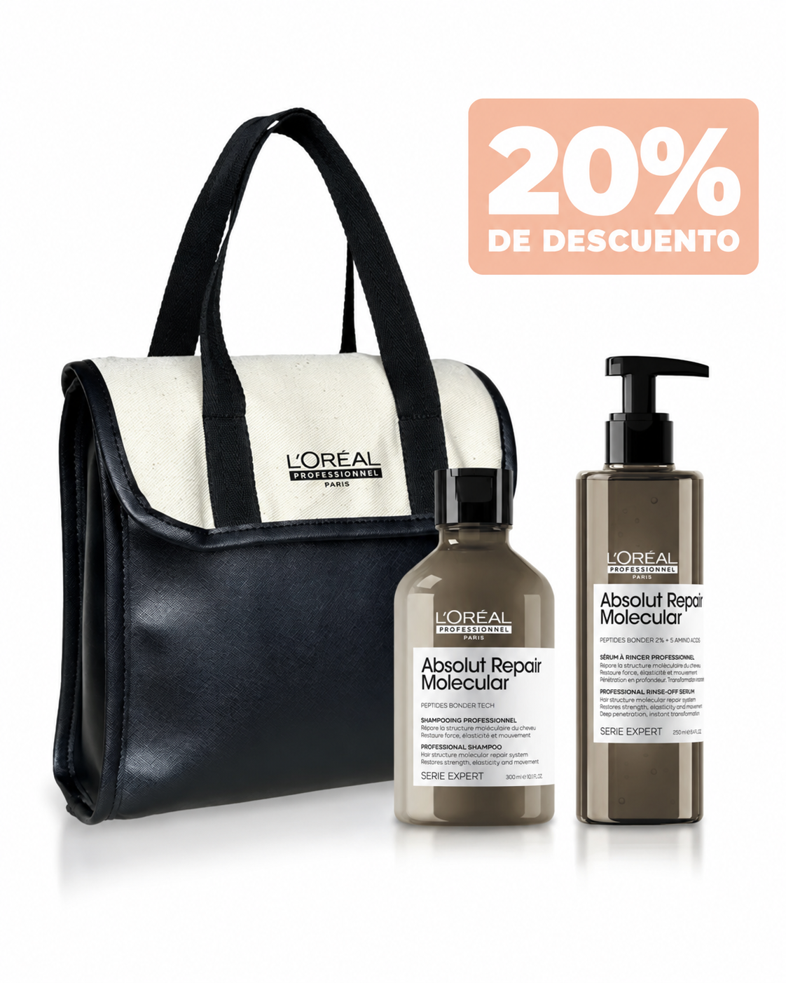 20 % kit Absolut Repair Molecular shampoo y mascarilla en serum. Incluye neceser