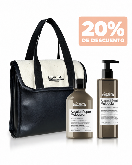 20 % kit Absolut Repair Molecular shampoo y mascarilla en serum. Incluye neceser