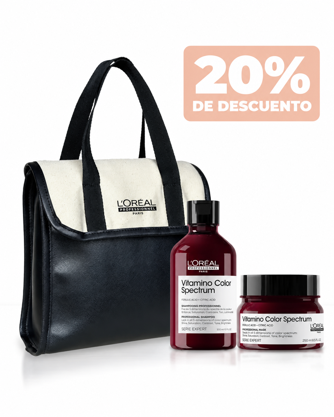 20% kit Vitamino Color Spectrum shampoo y mascarilla. Incluye neceser