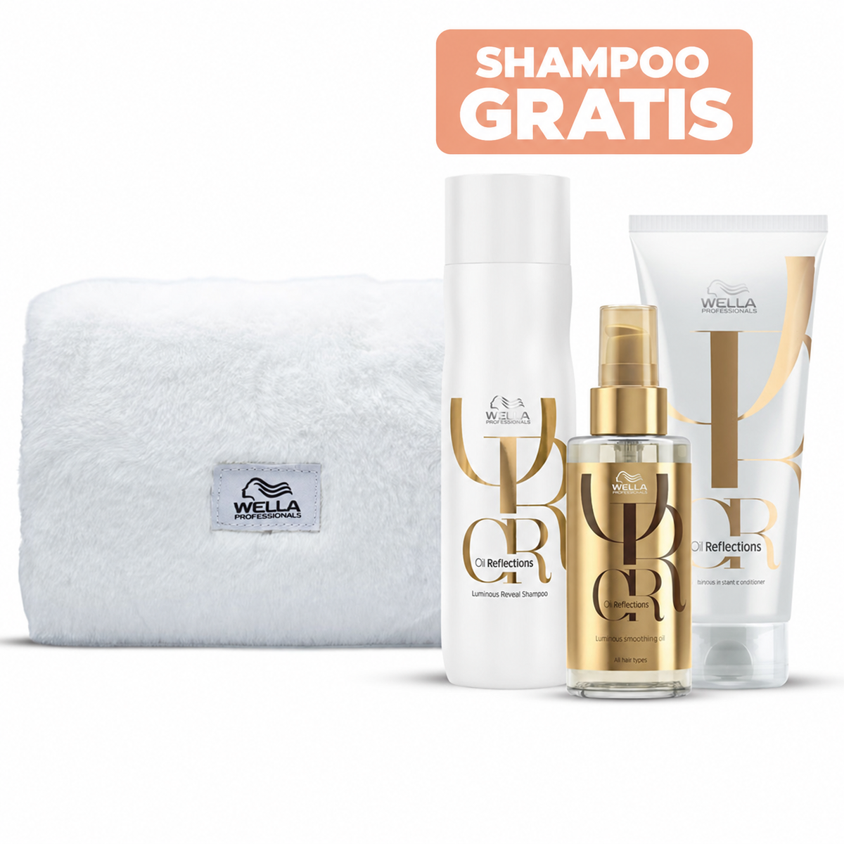 GRATIS shampoo por la compra de acondicionador y óleo. Incluye cosmetiquera