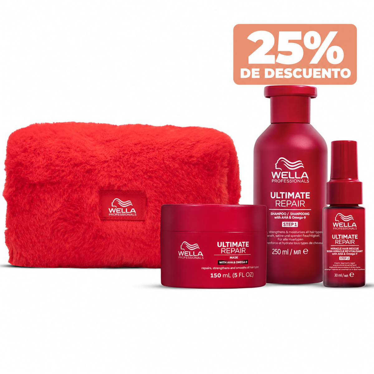 25% DE DESCUENTO PACK WELLA ULTIMATE REPAIR: shampoo 250ml + mascarilla 150ml + miracle hair rescue 30ml